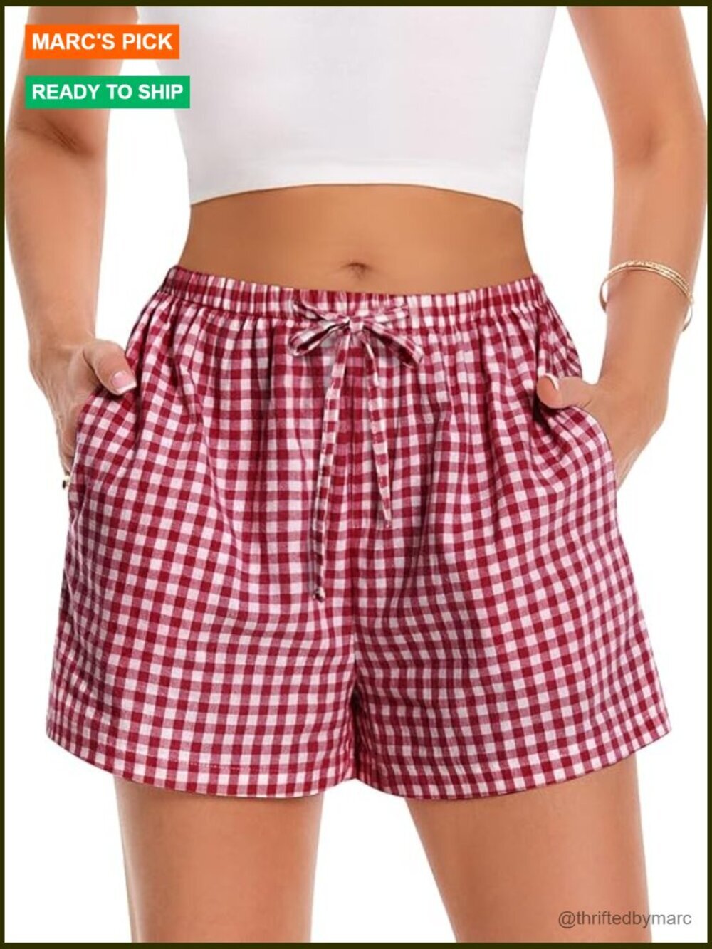 Women Cotton Gingham Drawstring Pajama Shorts with Pockets, Soft Summer Lounge